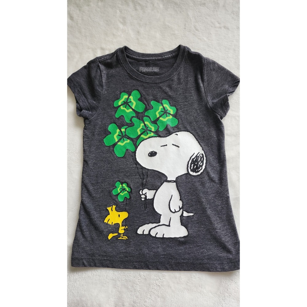 Peanuts Snoopy Woodstock St Patricks Day‎ T Shirt Kids Small Gray Clover Graphic